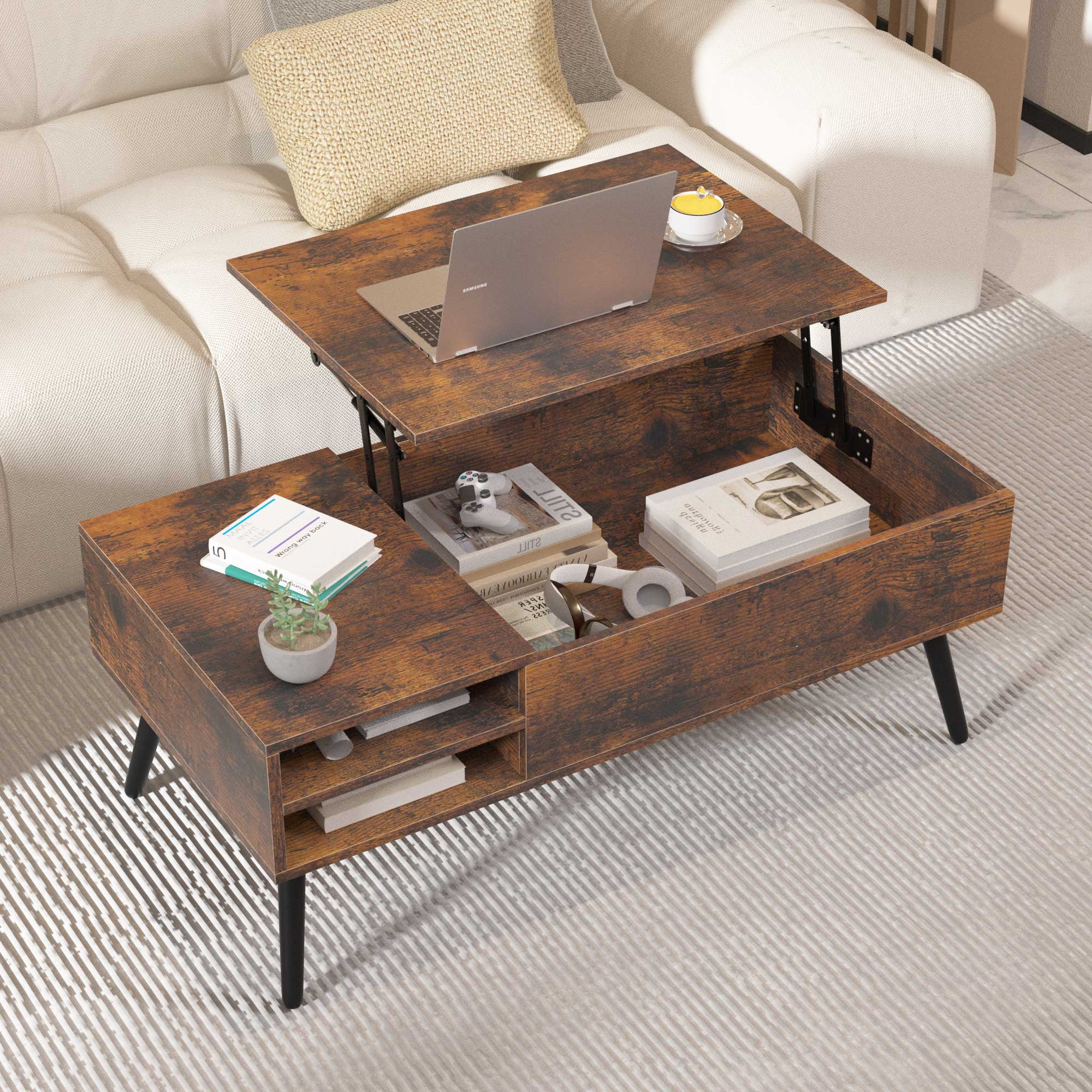 YRLLENSDAN Lift Top Coffee Table with Adjustable Storage and Hidden Compartment Small Wood ...