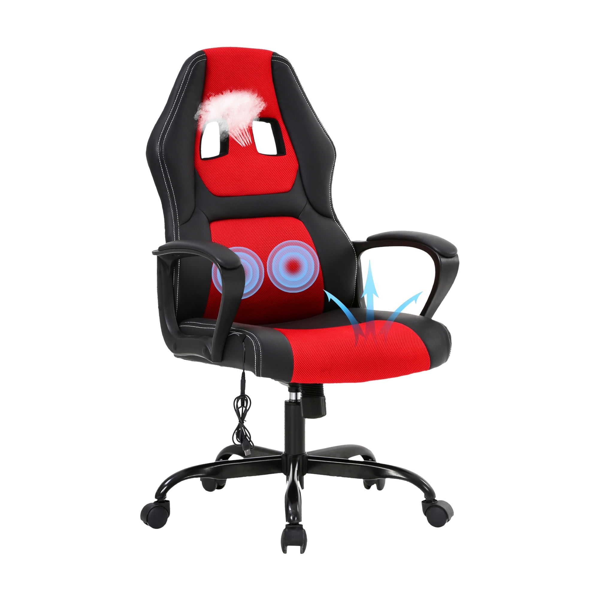 YRLLENSDAN Massage Gaming Chair Video Game for Adults, PU Leather Computer Chair with Arms & Massaging Back Ergonomic High-Back Video Game Chair for Men Women, Red