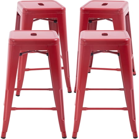 YRLLENSDAN Metal Bar Stools Set of 4 Counter Height Barstool Stackable Barstools 24 Inch Indoor Outdoor Patio Bar Stool Home Kitchen Dining Stool Backless Bar Chair, Red