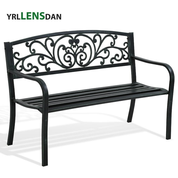 YRLLENSDAN Metal Outdoor Bench Weatherproof 50inch Patio Bench for 3-person Garden Bench for Outdoors Yard Lawn Porch Park Rust-Resistant Cast Iron Bench with Floral Pattern Backrest,Green