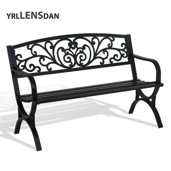 YRLLENSDAN Metal Outdoor Bench Weatherproof 50inch Patio Bench for 3-person Garden Bench for Outdoors Yard Lawn Porch Park Rust-Resistant Cast Iron Bench with Floral Pattern Backrest,Black