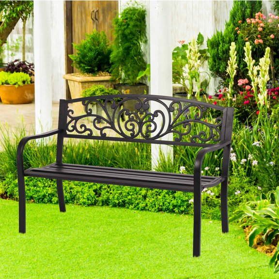 YRLLENSDAN Metal Outdoor Benches Weatherproof, Patio Bench Garden Benches Porch Benches Outdoor Park Benches for Outside, Black