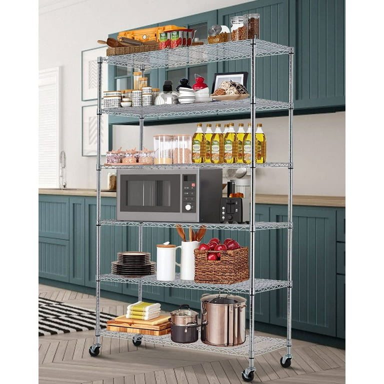 Storage Shelving Organizer Heavy Duty Metal Storage Rack Units with Wheels,  Adjustable Shelves Kitchen Pantry Closet Stand Rack