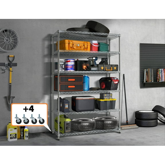 YRLLENSDAN Metal Storage Shelves for Garage, 2100Lbs Capacity Wire Shelving Unit with Wheels 48"Lx18"Wx72"H Utility Shelf Heavy Duty Garage Shelves and Storage for Basement Warehouse