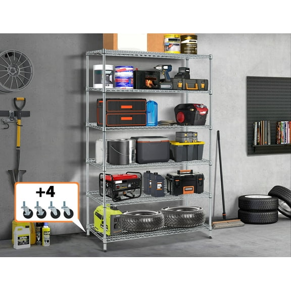 YRLLENSDAN Metal Storage Shelves for Garage, 6000Lbs Capacity Wire Shelving Unit with Wheels 48"Lx18"Wx78"H Utility Shelf Heavy Duty Garage Shelves and Storage for Basement Warehouse