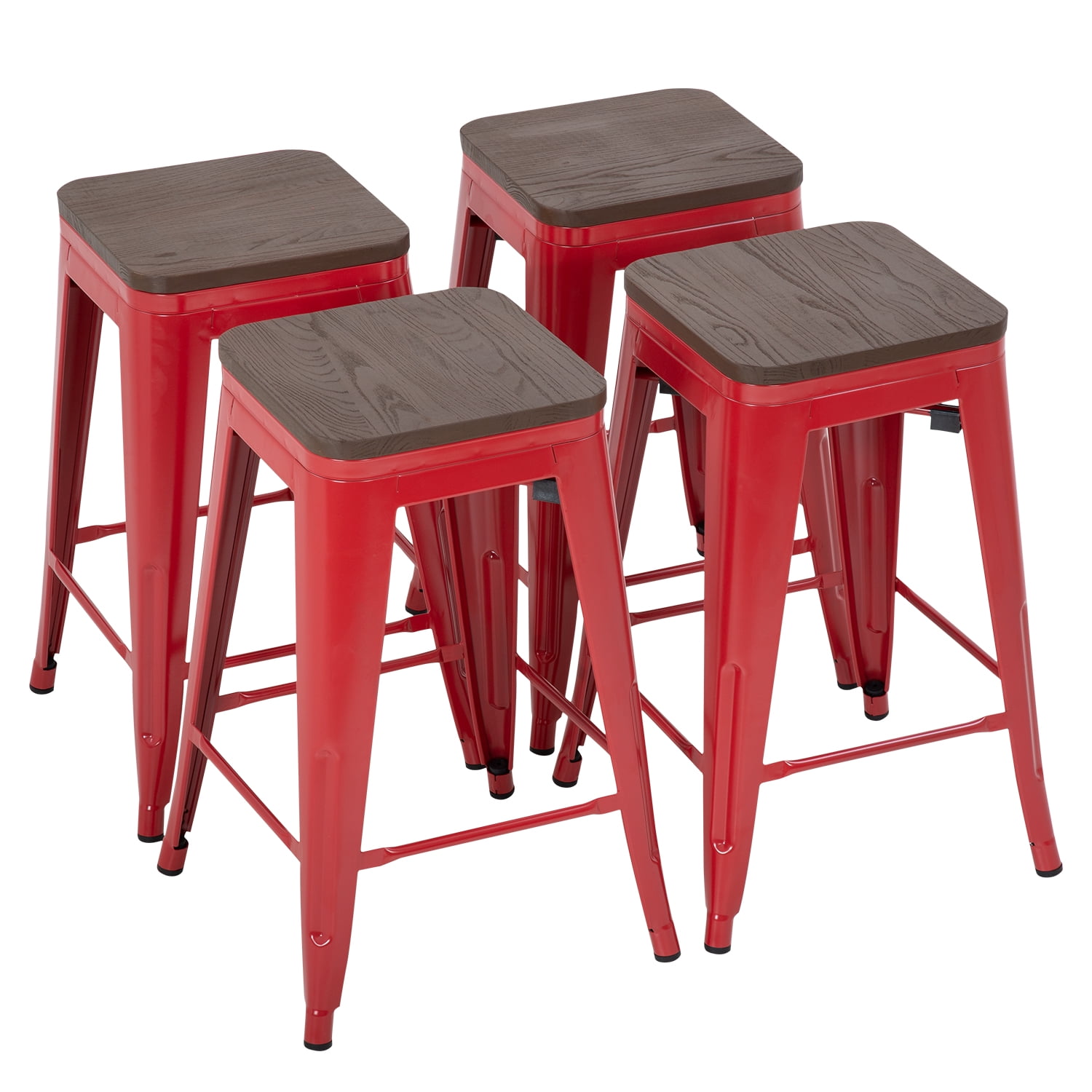 YRLLENSDAN Modern Bar Stool Set of 4 Counter Height Barstool with Back 24 Inches Seat Height Industrial Bar Chairs Indoor Outdoor Metal Kitchen Stools Restaurant Patio Stool Stackable, Red