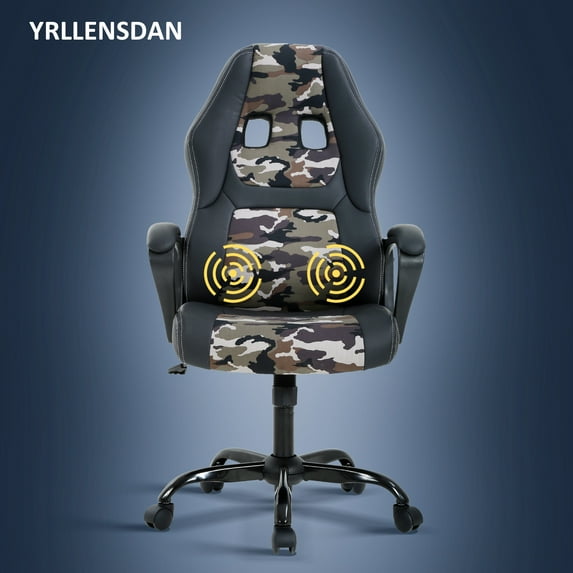 YRLLENSDAN Gaming Chair Comfy Computer Chair with Vibration Massage Heavy Duty Gaming Chair Adjustable PU Leather Office Desk Chair Cheap Rolling Gaming Chair Gamer Chair for Adults, Camo