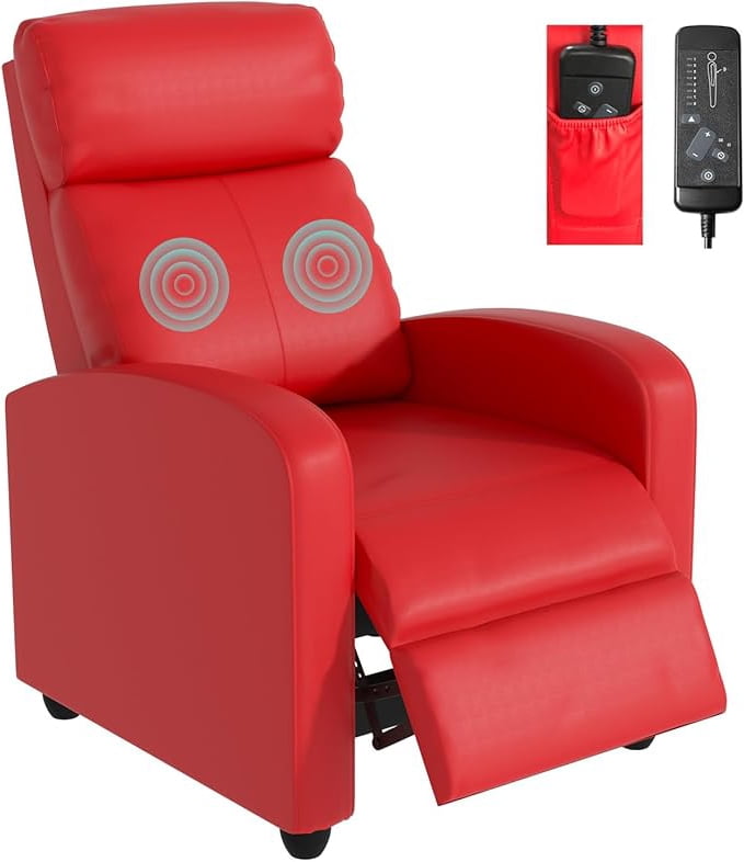 YRLLENSDAN PU Leather Power Recliner with Massage Function, Adjustable Backrest and Footrest, Red