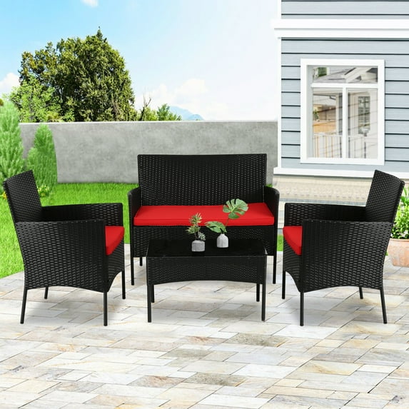 YRLLENSDAN Patio Furniture Set 4 Piece, Wicker Sofa Set Rattan Chair Outdoor Indoor Wicker Sofa with with Cushions & Coffee Table Bistro Sets for Patio Backyard Lawn Patio Chair (Red)
