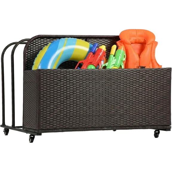YRLLENSDAN Patio Pool Float Storage Basket, Wicker Poolside Storage Bin with Wheels for Floaties, Noodles, Life Vests, Beach Balls, Toys