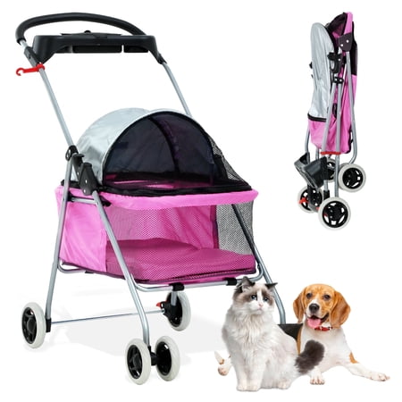 YRLLENSDAN Pet Stroller 4 Wheels Posh Folding Waterproof Portable Travel Cat Dog Stroller with Cup Holder,Pink