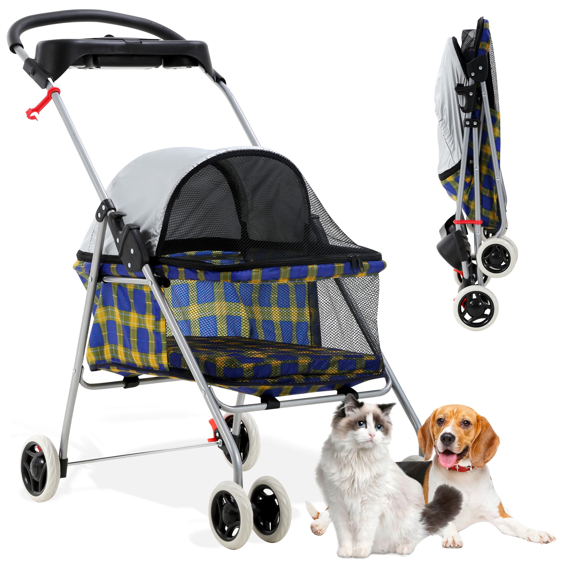 Yellow Plaid 4-Wheel Folding Dog Stroller with Mesh Windows