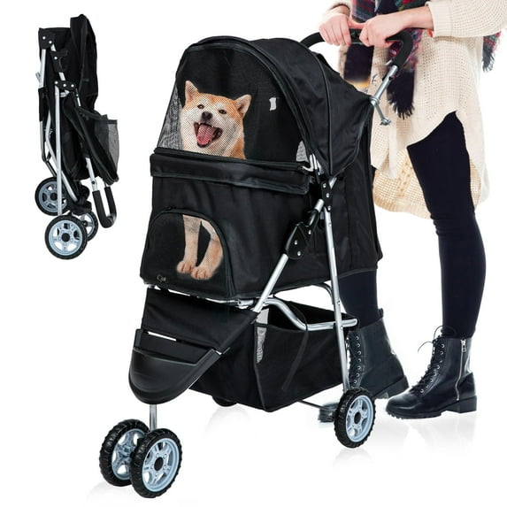 YRLLENSDAN Pet Stroller for Medium Small Dogs Cats, Foldable Dog Stroller Traveling Strollers with Storage Basket & Cup Holder Lightweight Pet Stroller 3Wheels, Black