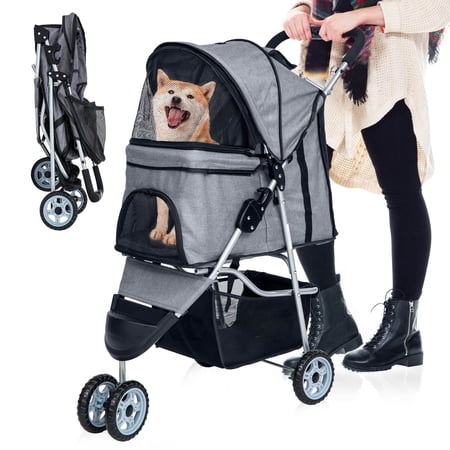 YRLLENSDAN Pet Stroller for Medium Small Dogs Cats, Foldable Dog Stroller Traveling Strollers with Storage Basket & Cup Holder Lightweight Pet Stroller 3Wheels, Grey