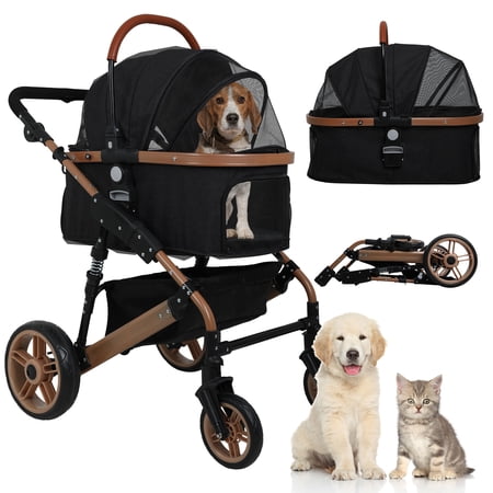 YRLLENSDAN Pet Stroller Premium 3-in-1 Multifunction 4 wheels Dog Cat Stroller for Large Medium Dogs Cats Folding Lightweight Travel Stroller with Detachable Carrier,66lbs Capacity, Black