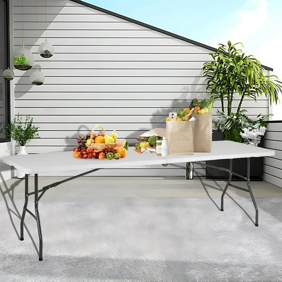 YRLLENSDAN Plastic Small Folding Tables 8' White, Camping Table Fold Up Lightweight Lockable Picnic Table for Outdoors 8 Ft Weatherproof Rectangular Card Table w/Handle & Steel Legs for Wedding BBQ