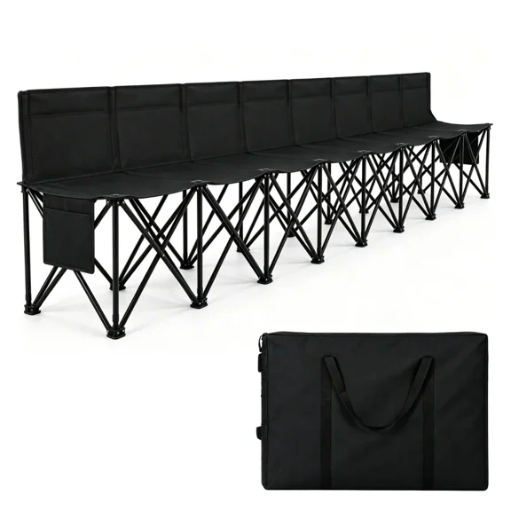 YRLLENSDAN,Portable folding bench, 8-seater foldable football bench with side pockets and bag, suitable for football, baseball, camping, outdoor activities, black