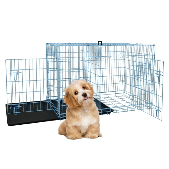 YRLLENSDAN Puppy Crate, 24in Dog Cage for Small Dogs Dog Kennel Indoor Metal Dog Crate Foldable Dog Crate with Divider & Double-Door Wire Dog Crate, Blue