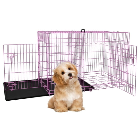 YRLLENSDAN Puppy Crate, 24in Dog Cage for Small Dogs Dog Kennel Indoor Metal Dog Crate Foldable Dog Crate with Divider & Double-Door Wire Dog Crate, Pink