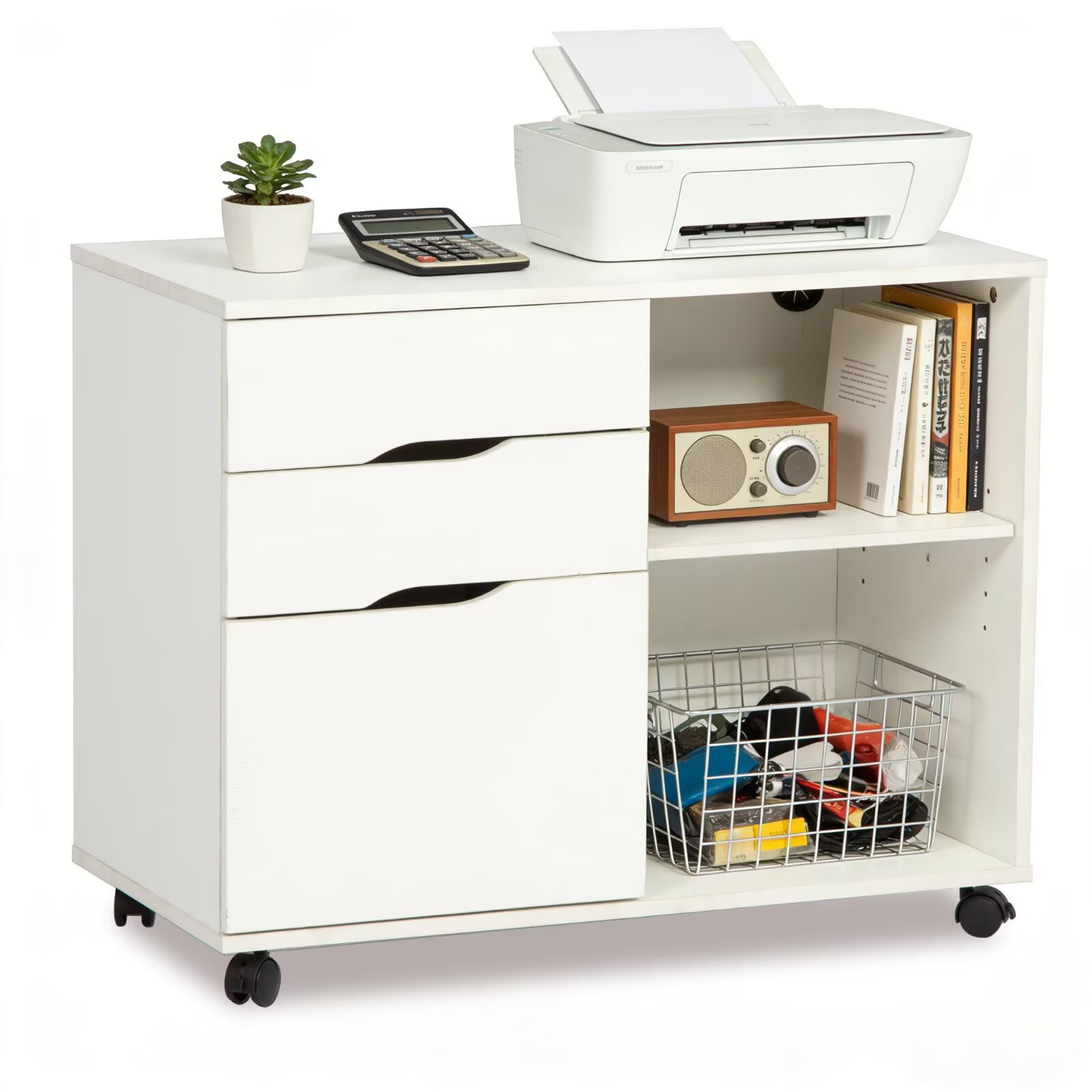 YRLLENSDAN Rolling File Cabinet with Shelves, Wooden Storage Cabinet with 3 Drawers, Lateral Printer Stand with Storage for Home office, White