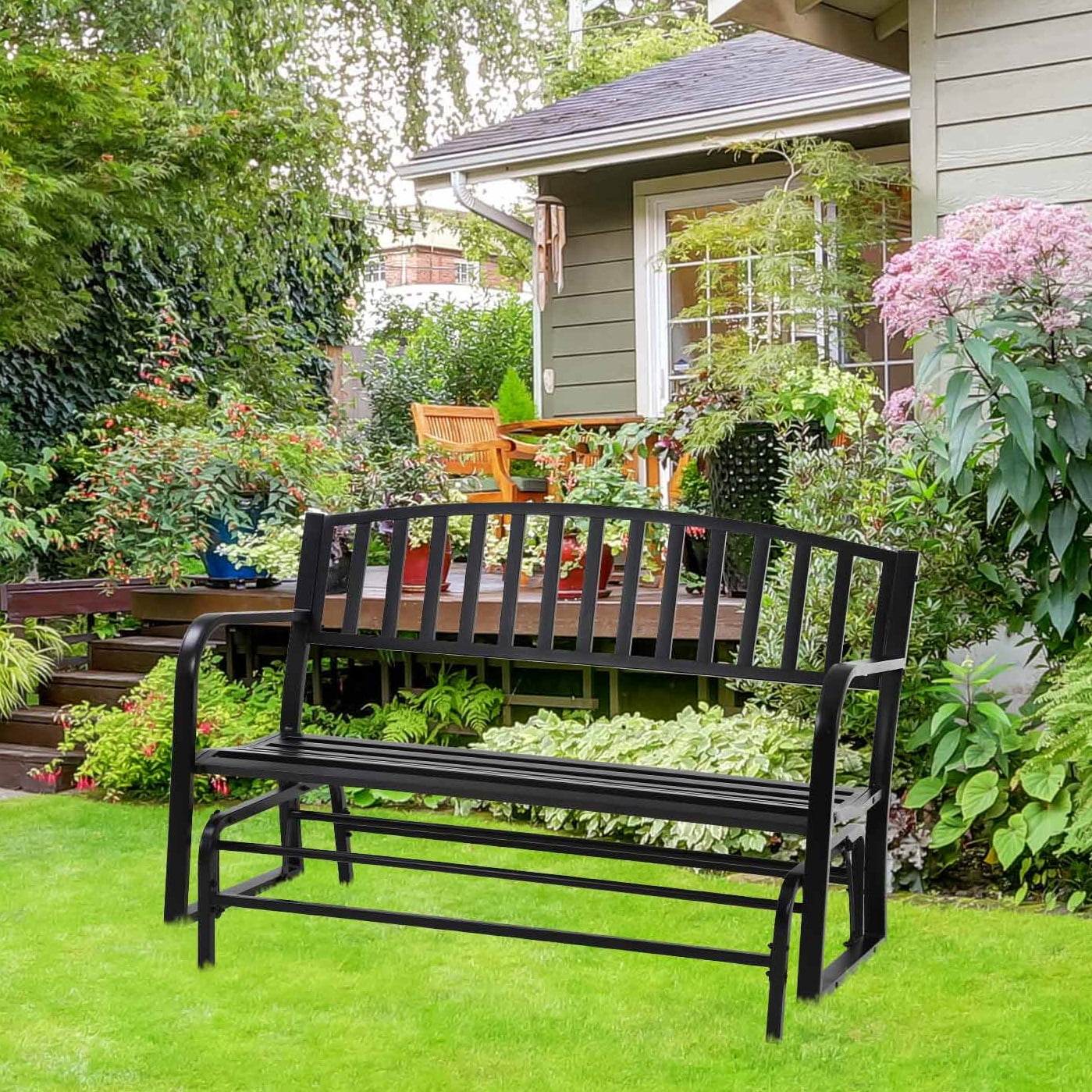 Black Powder-Coated Steel Outdoor Glider Bench