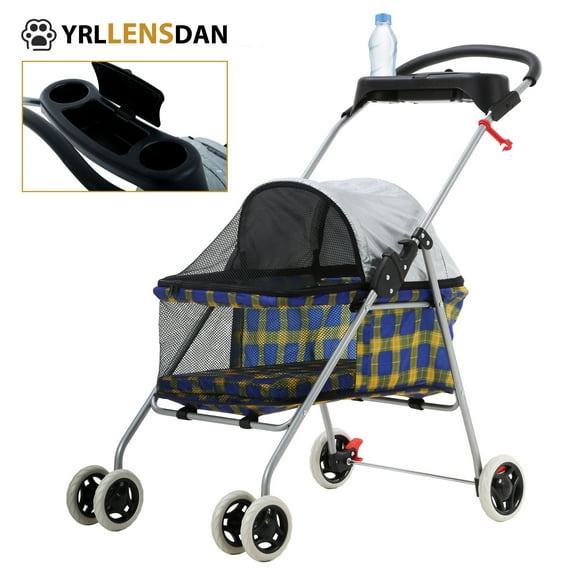 YRLLENSDAN Sun-Proof Pet Stroller for Small Dog 10 lbs Dog Stroller for Medium Dog 30 lbs Cat Stroller for 2 Cats Puppy Stroller with Bottle Holder and Sponge Pad,Plaid