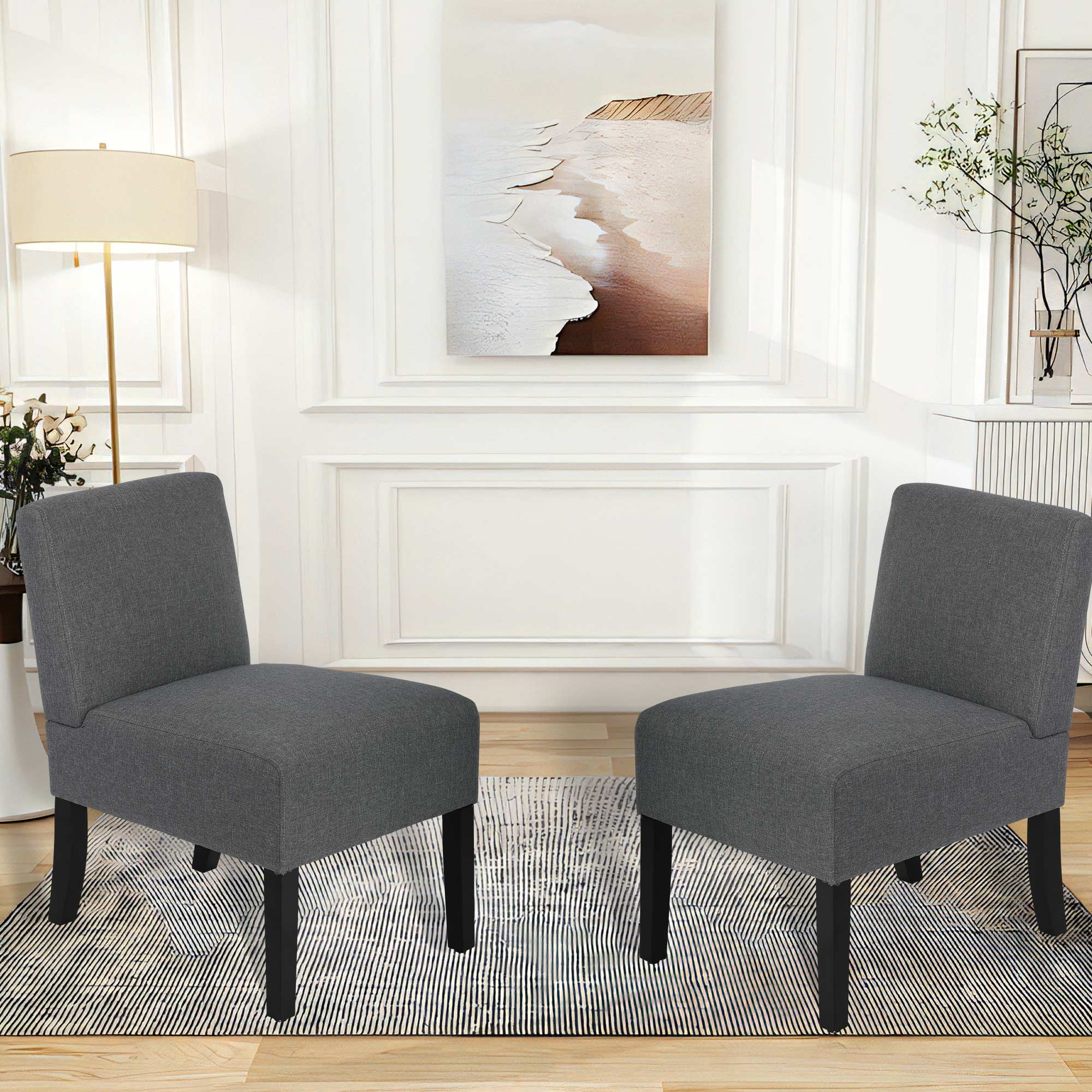 Gray Upholstered Armless Side Chairs with Wood Legs, Set of 2