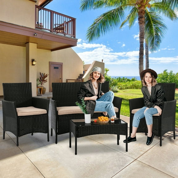 YRLLENSDAN Wicker Outdoor Furniture, Wicker Patio Furniture Set Front Porch Furniture Patio Conversation Sets 4 Piece Patio Furniture Set for Backyard Balcony Porch Garden, Black