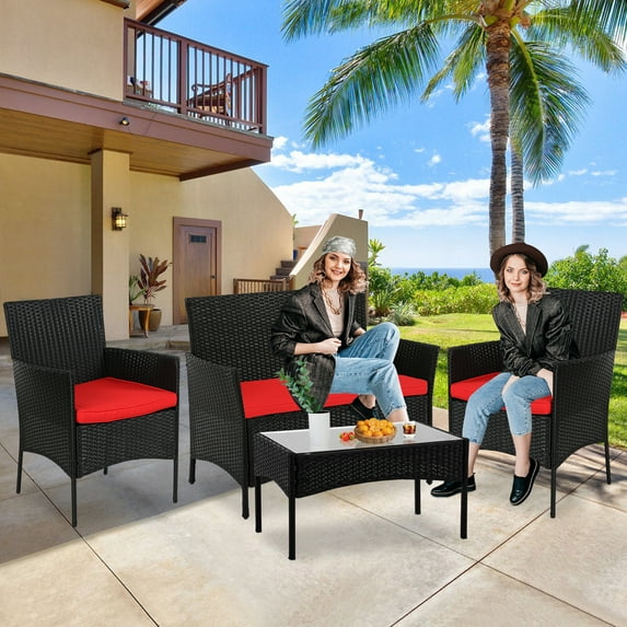 YRLLENSDAN Wicker Outdoor Furniture, Wicker Patio Furniture Set Front Porch Furniture Patio Conversation Sets 4 Piece Patio Furniture Set for Backyard Balcony Porch Garden, Red