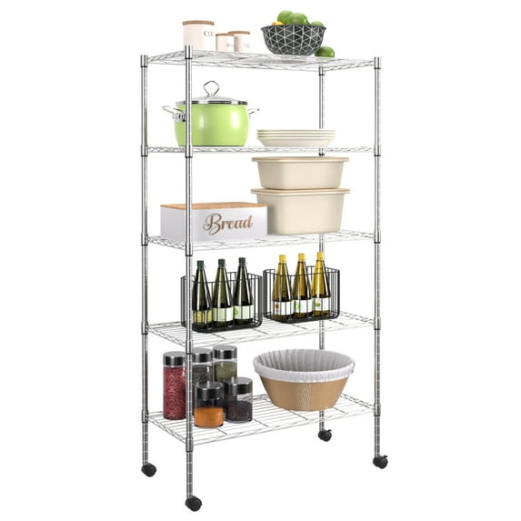 YRLLENSDAN Wire Shelving Heavy Duty Storage 5 Tier Shelves Shelves Shelf with Adjustable Height Sturdy Steel Construction Certified By NSF Maximum 1250lbs Capacity Easy Assembly 30"Lx14"Wx61"H,Chrome