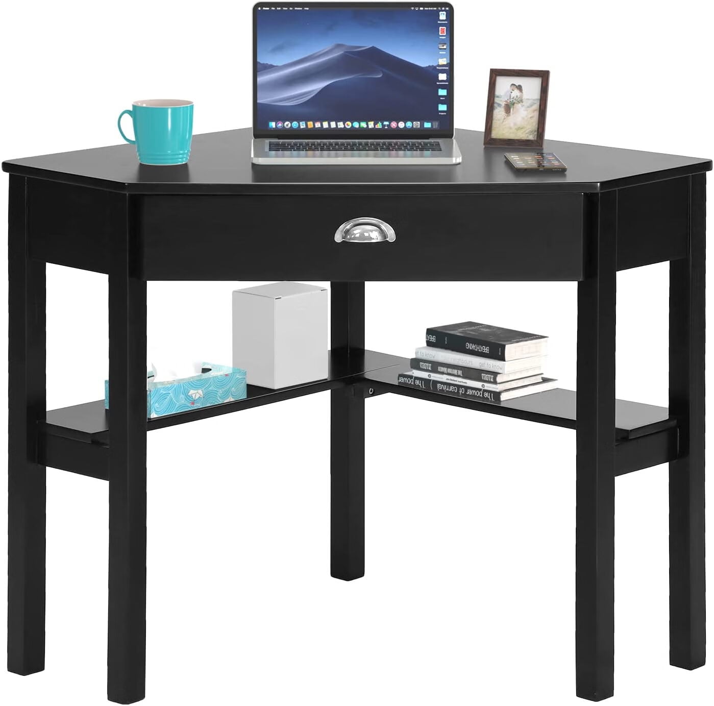 YRLLENSDAN Wood Small Corner Desk with Drawers and Shelves, Black