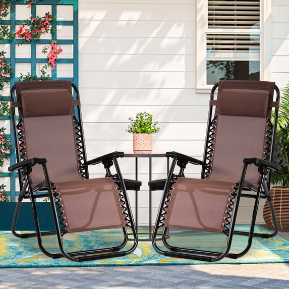 YRLLENSDAN Zero Gravity Chairs, Patio Folding Lawn Lounge Chairs Outdoor Lounge Patio Furniture Patio Set of 2 w/ Cup Holder & Adjustable Pillows, Brown