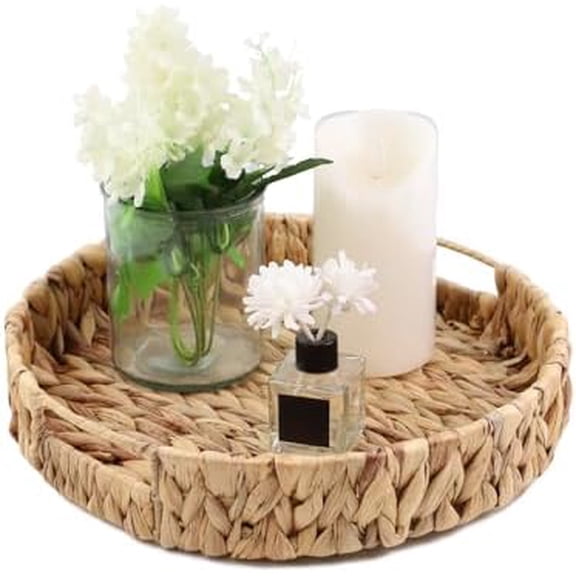 YRMT Water Hyacinth Serving Tray Round Woven Tray with Handles Boho Decorative Tray for Breakfast, Coffee, Table, Dining 13" x 13" x 2.3"$$Home Decor, Kitchen, & Other