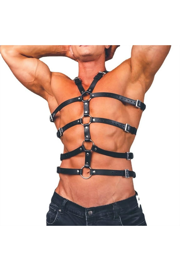 Men Suspenders Harness, Black PU Leather for Men Fashion Punk Belt Adjustable Chest