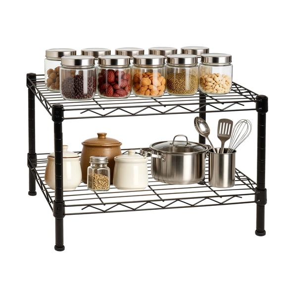 YRTSH 2 Tier Metal Wire Shelving Unit, 200 lbs Adjustable Wire Shelf, Stable Storage Shelves for Pantry and Kitchen 11.4"W x 17.3"D x 12"H Black