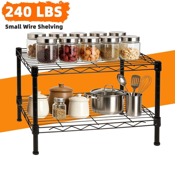 YRTSH 2 Tier Metal Wire Shelving Unit, 240 lbs Adjustable Wire Shelf, Stable Storage Shelves for Pantry and Kitchen 11.4"W x 17.3"D x 12"H Black
