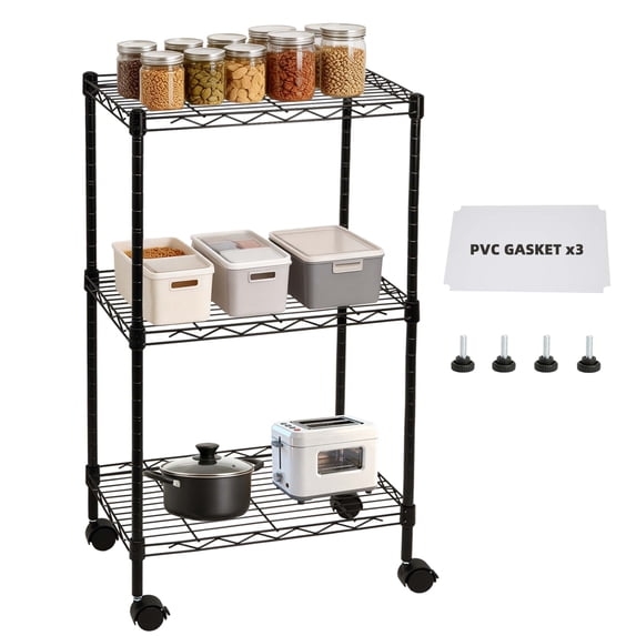 YRTSH Wire Shelving Unit, 3 Tier Wire Shelf Rack with Wheels Adjustable Storage Shelves for Laundry Room Pantry Kitchen 11.4"W x 17.3"D x 29.5"H Black