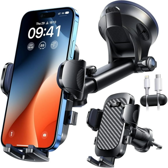 YRU True Military-Grade [360 Rotation Suction] 2026 Ultimate Car Phone Holder Mount 90+LBS Safest Strongest & Patent Certs Dashboard Windshield Vent for iPhone 17 16 Pro Max Samsung, Gloss Black