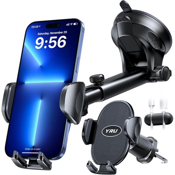 YRU Upgraded Universal Car Phone Holder Mount360Rotatable & Strong Suction Cell Phone Car Dashboard Windshield Phone Holder Dash Vent Stand for iPhone 17 16 Pro Max Samsung Truck, Black