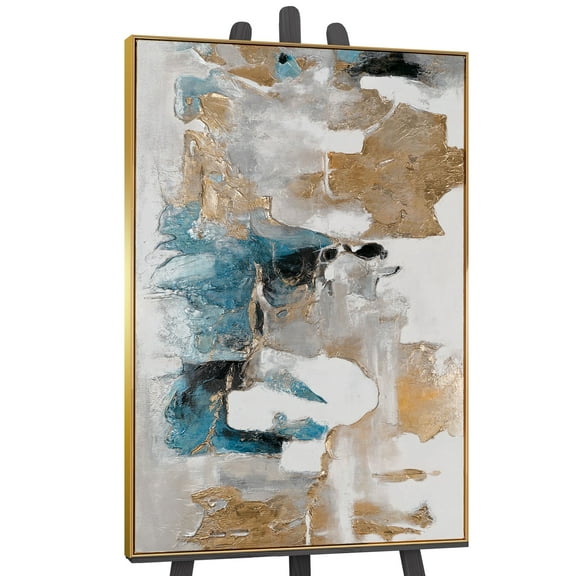 YS-Art Air Strokes Abstract Hand-Painted Canvas with Gold Frame, Wall Art for Home Decor, 48x32 in