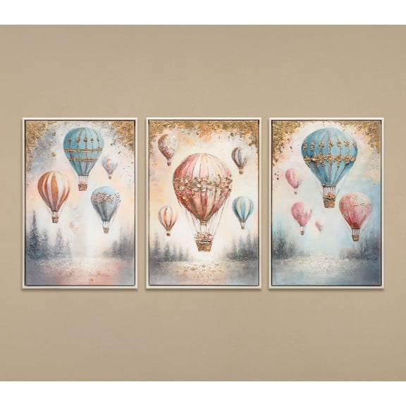 YS-Art Airy Dreams Triptych with Beige Frame, Wall Art Decor for Kids Rooms, 24x48 in
