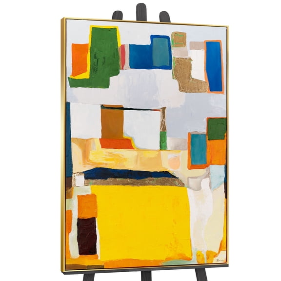 YS-Art City Mosaic Hand-Painted Abstract Cityscape Canvas Wall Art with Gold Frame, Large Modern Artwork for Home Decor, 48x32 in