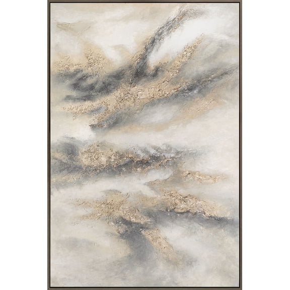 YS-Art Cloudy Melody Hand-Painted Textured Abstract Wall Art, White Canvas Painting, Gray Frame, 48x32 in