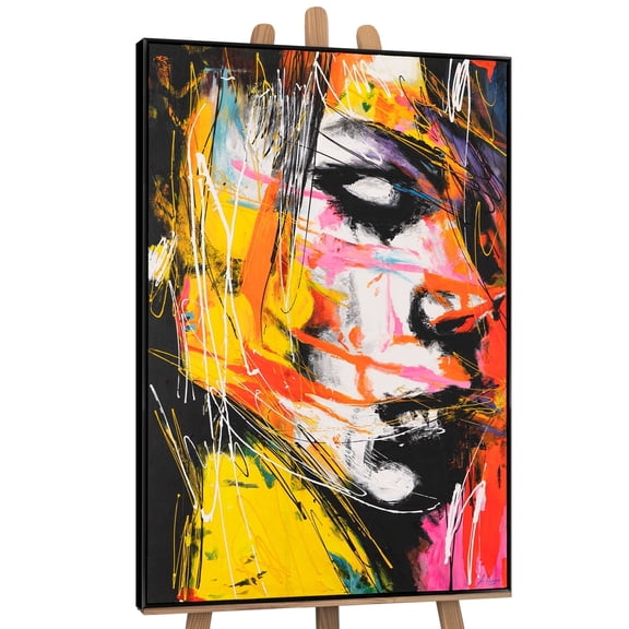 YS-Art Colored Emotions Abstract Hand-Painted Canvas Wall Art with Black Frame, Modern Painting for Home Decor, 48x32 in