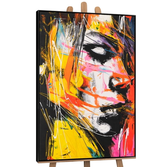 YS-Art Colored Emotions Large Abstract Hand-Painted Portrait Canvas with Black Frame, Modern Colorful Wall Art for Home Decor, 56x40 in