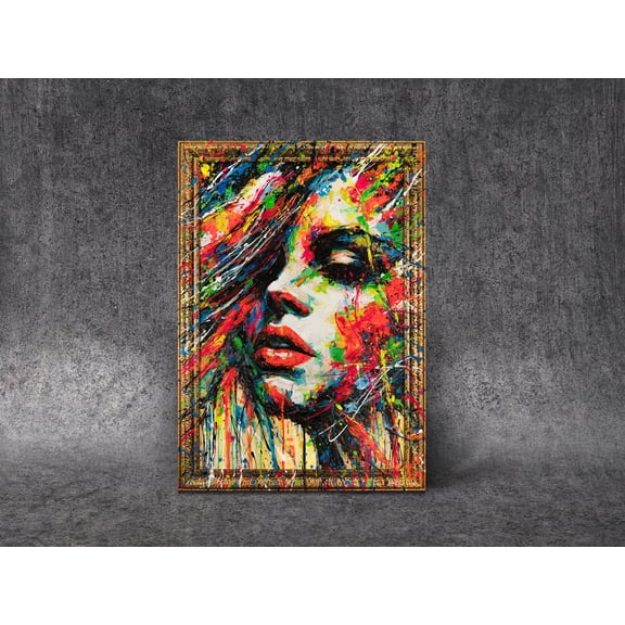 YS-Art Colors of Passion Abstract Portrait Wall Art with Gold Frame, Large Handmade Acrylic Artwork on Canvas, 56x40 inch