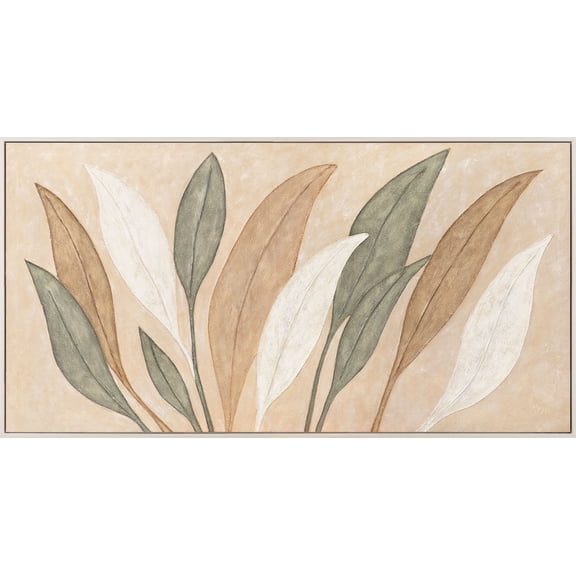YS-Art Dance of leaves Large Botanical Canvas Heavily Textured Hand Painted Luxury Wall Decor Beige Frame 56x28 in