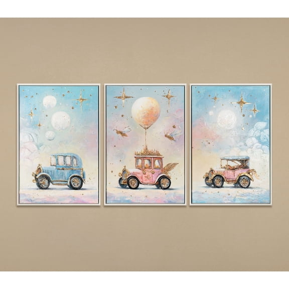 YS-Art Fairytale Road Triptych Wall Art with Beige Frame, Decor for Kids Rooms, 24x48 in