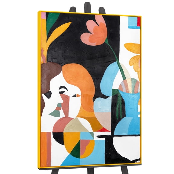 YS-Art Flower Muse Hand-Painted Abstract Canvas Wall Art with Yellow Frame, Large Modern Artwork for Home Decor, 48x32 in