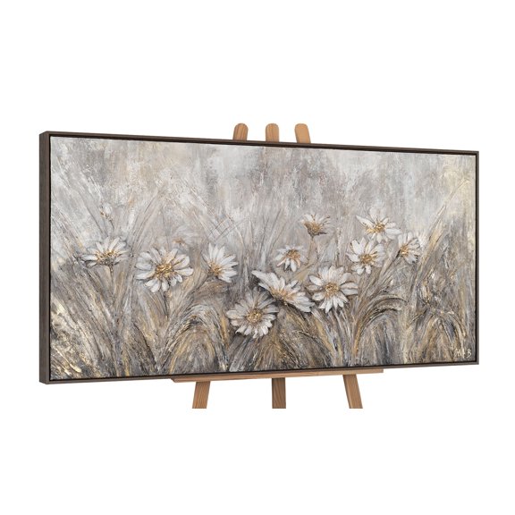 YS-Art Glittering Petals Textured Floral Canvas Wall Art with Gray Frame, Hand-Painted Painting for Home Decor, 24x48 in